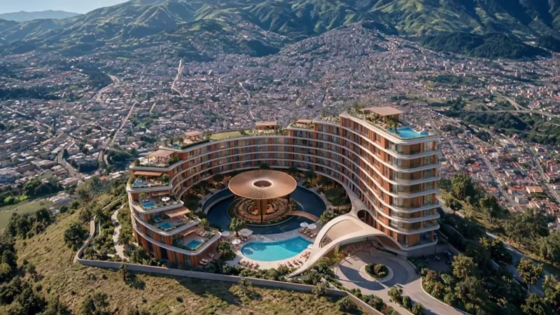 Vista aérea do resort em ferradura no alto do morro, com a cidade no vale ao fundo.