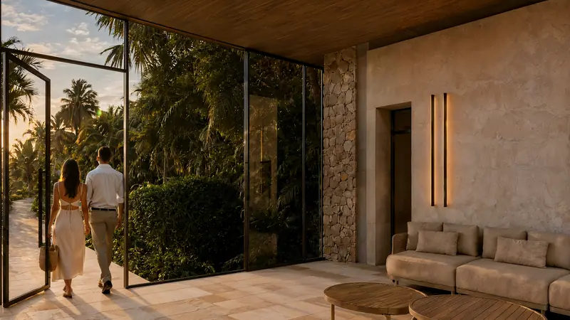 Casal saindo por portas de vidro para um jardim de palmeiras ao pôr do sol, em lobby com parede de pedra, piso de travertino, sofá claro e mesas de madeira.