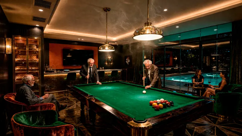 Salão escuro com mesa de sinuca de feltro verde sob pendentes dourados, homens jogando, umidor de charutos, poltronas de veludo e parede de vidro para a piscina iluminada.