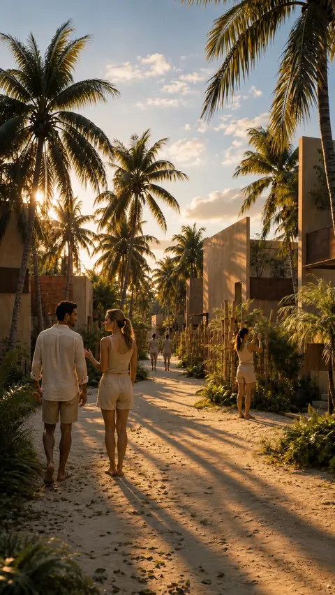 Casal caminha descalço por uma trilha de areia entre coqueiros e volumes em tons de terra, com cercas de madeira, vegetação tropical e o sol baixo projetando sombras longas.