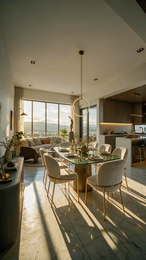 Living integrado com mesa de jantar de tampo de vidro, cadeiras claras de pés dourados, pendente em anel, piso de mármore, cozinha com ilha e janelões para as montanhas.