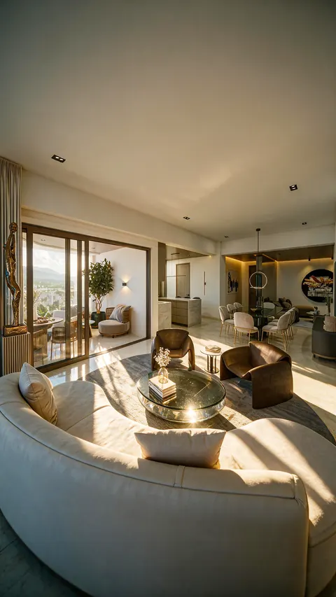 Living com sofá curvo claro em primeiro plano, mesa de centro redonda de vidro, poltronas de couro, portas de correr abertas para a varanda e sala de jantar ao fundo, com o sol baixo riscando o piso.