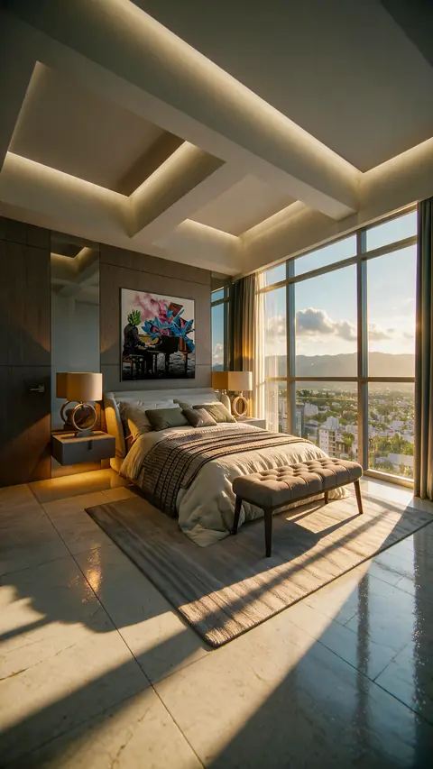 Suíte com forro em caixotões iluminados, cama de casal com banco estofado aos pés, quadro colorido acima da cabeceira e janela do piso ao teto para a cidade ao entardecer.