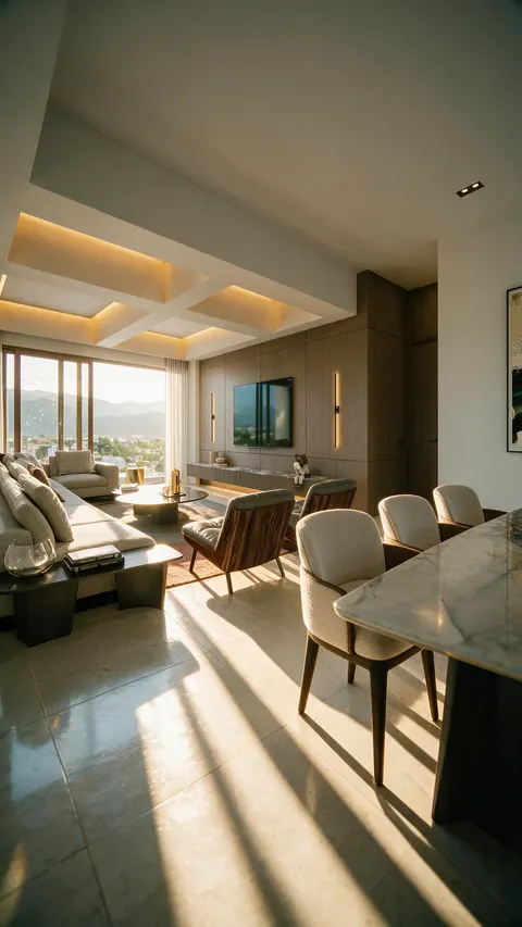 Sala de estar com forro em caixotões iluminados, sofá claro, painel de madeira com TV, mesa de jantar de tampo de mármore em primeiro plano e janelão para as montanhas.