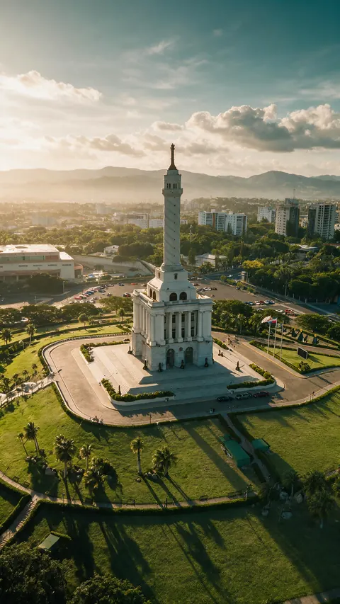Monumento branco com torre em coluna espiralada sobre praça com escadarias, visto do alto com sol baixo, entre palmeiras, bandeiras, prédios e montanhas ao fundo.
