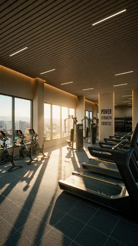 Academia com esteiras e bicicletas voltadas para janelas amplas com vista da cidade, forro de ripas de madeira com luz linear e sol baixo projetando sombras no piso.
