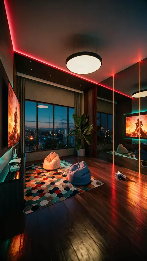 Sala de games à noite com fita de LED vermelha no teto, pufes sobre tapete de hexágonos coloridos, telões nas paredes, parede espelhada e janela para as luzes da cidade.