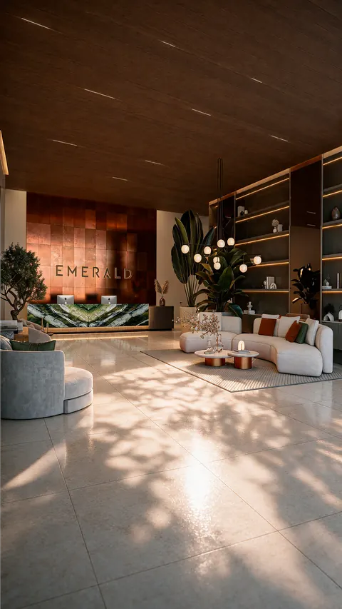 Lobby com forro de madeira riscado por luz linear, balcão de recepção em pedra verde diante de parede acobreada, sofás curvos, pendentes de globos e estantes iluminadas.