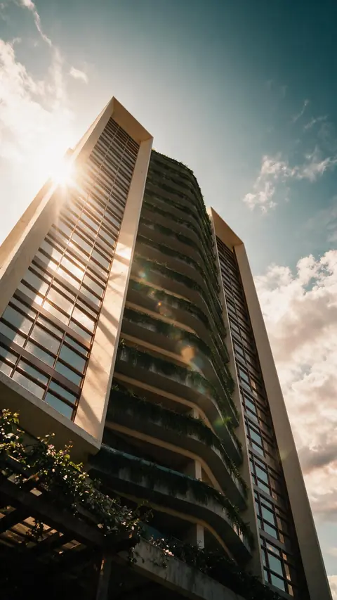 Torre vista de baixo contra o céu azul, com varandas curvas cobertas de plantas pendentes, sol surgindo atrás da quina e pergolado com trepadeiras em primeiro plano.