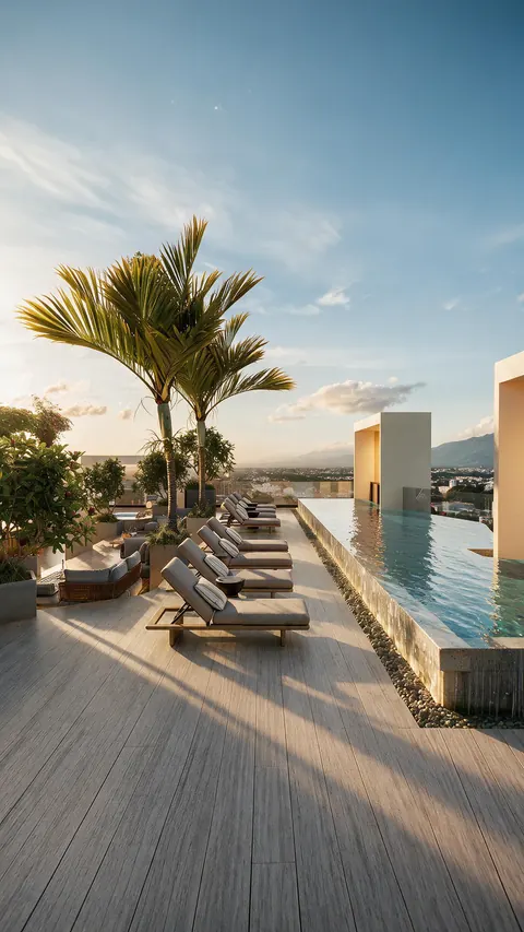 Deck de madeira na cobertura com fileira de espreguiçadeiras, palmeiras e piscina elevada contornada por seixos, aberta para a cidade e as montanhas sob sol baixo.