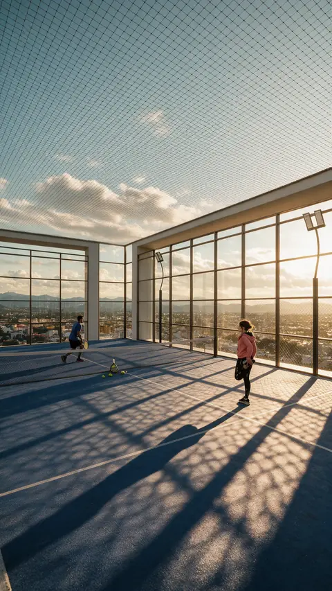 Quadra de padel na cobertura com piso azul, paredes de vidro e tela no alto, dois jogadores ao entardecer e a cidade e as montanhas ao fundo.