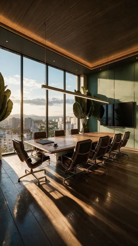 Sala de reuniões com mesa longa de madeira, cadeiras de couro, forro de madeira com fita de luz e janelas do piso ao teto voltadas para a cidade ao entardecer.