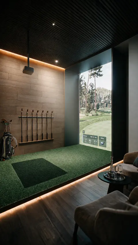 Sala de simulador de golfe com tela projetando um campo arborizado, piso de grama sintética, parede de madeira com tacos expostos e poltronas junto a uma fita de luz.