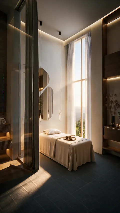 Sala de massagem de pé-direito alto com maca coberta por manta, janela alta de cortinas leves voltada para a mata, pendentes finos, espelho orgânico e nichos de madeira com toalhas.