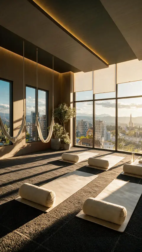 Sala de yoga com tapetes e almofadas cilíndricas sobre piso escuro, redes de yoga aérea suspensas, árvore em vaso e janelas amplas para a cidade e as montanhas.