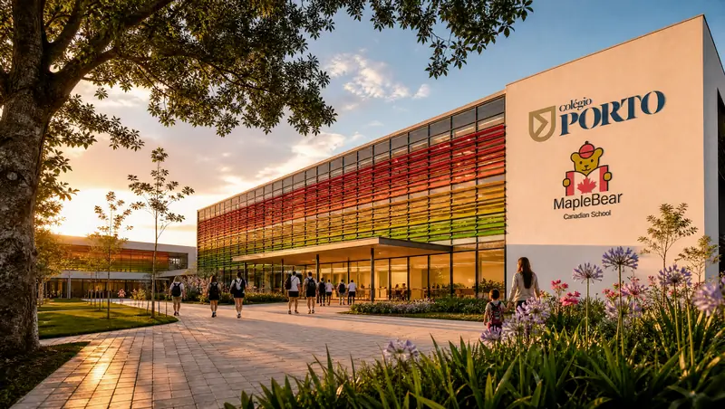 Escola com fachada de vidro protegida por brises coloridos em degradê de vermelho a verde, alunos de mochila no passeio e canteiros floridos ao pôr do sol.