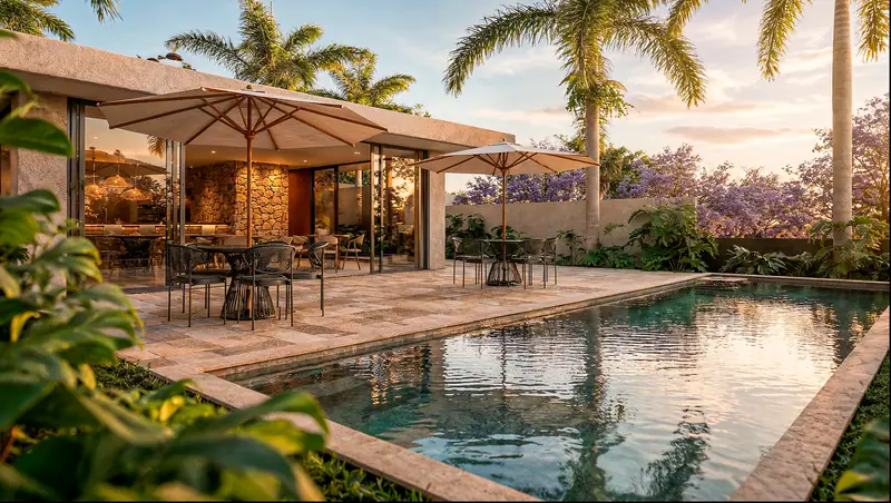 Piscina de borda em pedra junto a um pavilhão envidraçado, mesas com ombrelones no deck, palmeiras e jacarandás floridos ao entardecer.