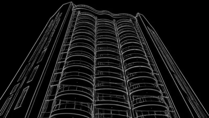 Estudo volumétrico da torre em linhas brancas sobre fundo preto, visto de baixo, revelando o ritmo das varandas curvas entre as duas empenas laterais cegas.