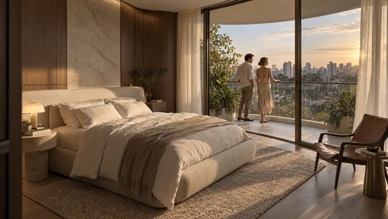 Suíte revestida de madeira e mármore claro, com cama de linho bege sobre tapete de fibra natural, aberta por uma janela curva de vidro para a varanda com vegetação e o horizonte da cidade ao pôr do sol.