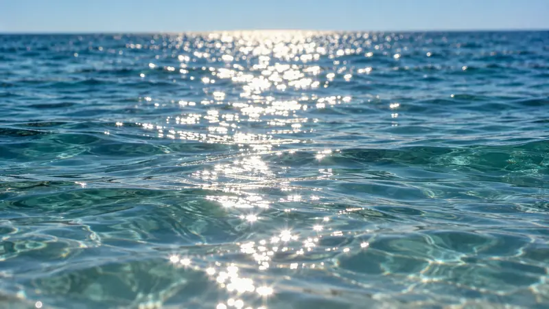 Superfície do mar azul-esverdeado com ondulações suaves e o reflexo do sol cintilando numa faixa até o horizonte.