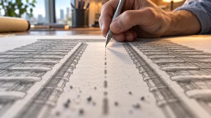 Mão desenhando a lápis o eixo entre as duas torres num croqui em perspectiva forçada sobre papel texturizado, com grafite espalhado e a janela do ateliê desfocada ao fundo.