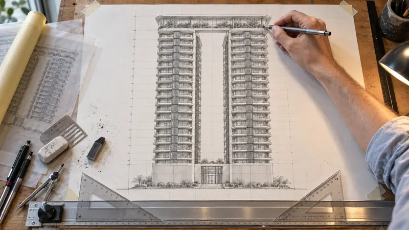 Prancheta vista de cima com o desenho a lápis da fachada completa das duas torres, mão finalizando a cobertura, esquadros, régua paralela, borracha, lapiseiras e luminária.