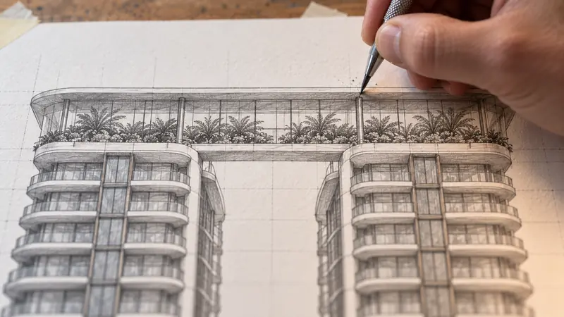 Mão traçando a lápis a cobertura ajardinada que une as duas torres, com palmeiras e varandas curvas desenhadas a grafite sobre papel quadriculado.
