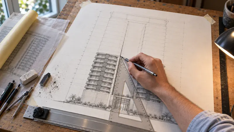 Prancheta vista de cima com o desenho das torres pela metade: linhas de construção no alto, andares de baixo já sombreados e a mão riscando com o esquadro.