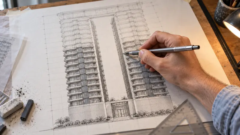 Desenho a lápis das torres em andamento, com a metade de cima em linhas leves e a de baixo sombreada, mão com lapiseira, borracha e esquadro sobre a prancheta.