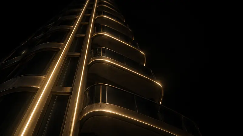 Varandas curvas da torre na escuridão, vistas de baixo e contornadas por filetes de luz dourada que sobem pela fachada.