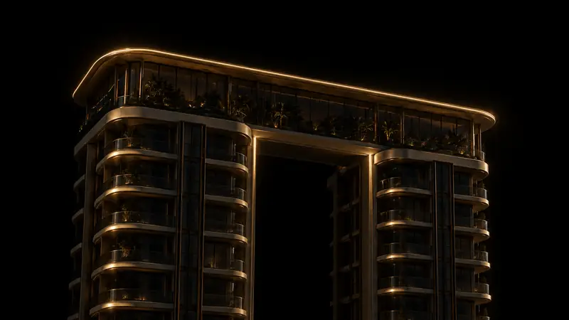 Topo das duas torres e a cobertura que as une desenhados por contornos de luz dourada sobre fundo preto, com as plantas do jardim sugeridas na penumbra.