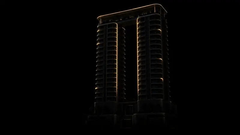 Silhueta das duas torres quase apagada sobre fundo preto, com apenas o contorno da cobertura e das varandas aceso em dourado.