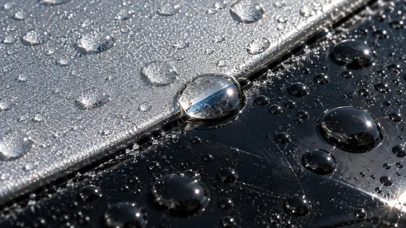 Close de gotas d'água sobre a carenagem prata e preta de um jet ski, com uma gota grande na junção das peças refletindo o céu.