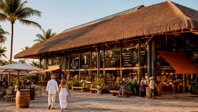 Pavilhão de mercado com grande cobertura de palha e fachada de vidro ao entardecer, entre coqueiros, com mesas sob guarda-sóis e um casal passeando na praça.