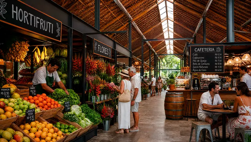 Mercado coberto com banca de hortifrúti, floricultura e cafeteria sob telhado de palha trançada e claraboia, com clientes circulando e um casal tomando café à mesa.