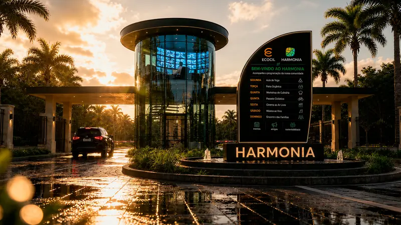 Portaria com guarita cilíndrica de vidro ao pôr do sol, piso molhado refletindo a luz, totem de boas-vindas com agenda de eventos e carro entrando entre palmeiras.