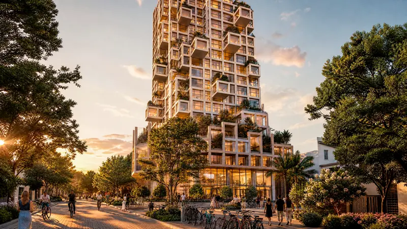 Torre residencial de volumes escalonados com varandas ajardinadas ao entardecer, vista da rua arborizada com ciclistas, pedestres e bicicletas estacionadas na calçada.