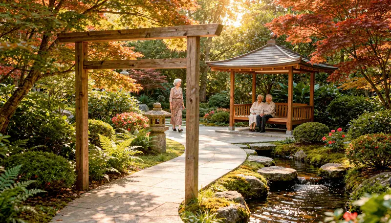 Jardim de inspiração japonesa com pórtico de madeira, lanterna de pedra, riacho entre rochas e árvores de folhagem avermelhada, casal de idosos sentado no gazebo e senhora caminhando.