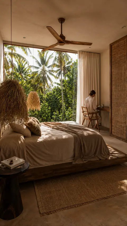Quarto com cama baixa sobre base de madeira e lençóis de linho, luminárias de palha, ventilador de teto e janela ampla para coqueiros, com uma mulher sentada à escrivaninha.