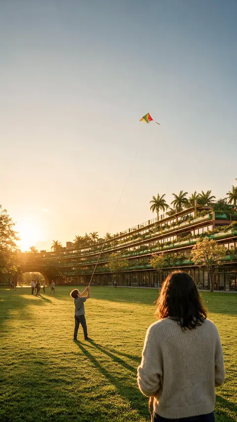 Gramado ao pôr do sol com um menino empinando pipa e uma mulher de costas em primeiro plano, diante de um edifício longo e curvo com terraços ajardinados e palmeiras no alto.