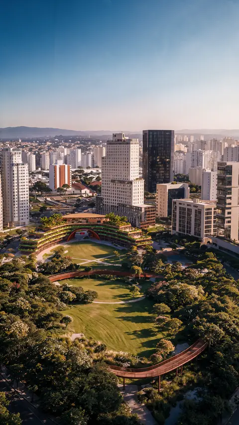 Parque visto do alto com gramado em arco, passarela elevada de madeira entre árvores e edifício em curva com terraços ajardinados, diante das torres da cidade ao entardecer.