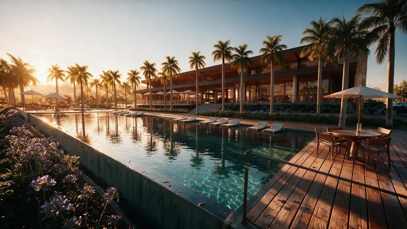 Piscina cercada de palmeiras ao pôr do sol, com espreguiçadeiras, deck de madeira com mesa sob guarda-sol, flores lilases na borda e sede envidraçada ao fundo.