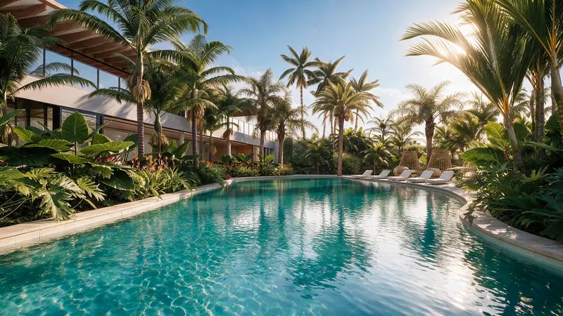 Piscina de borda curva cercada por palmeiras e jardim tropical, com espreguiçadeiras brancas ao fundo e edifício envidraçado à esquerda sob o sol baixo.