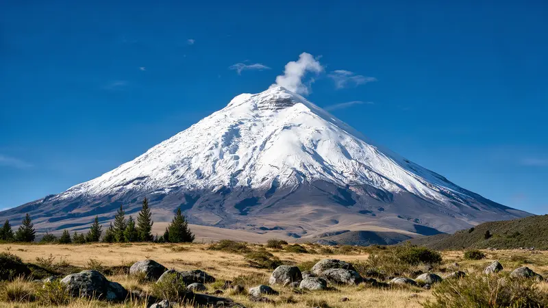 Vulcão de cone perfeito coberto de neve soltando um fio de fumaça contra céu azul limpo, visto do planalto de capim seco e blocos de rocha que se estende em primeiro plano.