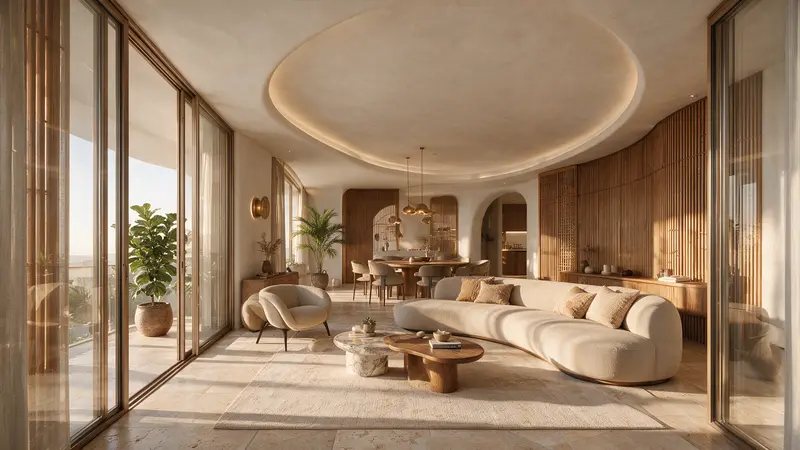 Living de apartamento em tons de areia com sofá curvo, mesas baixas de madeira maçiça e forro oval rebaixado com luz indireta, aberto por portas de vidro de piso a teto para a varanda e a paisagem ao entardecer.