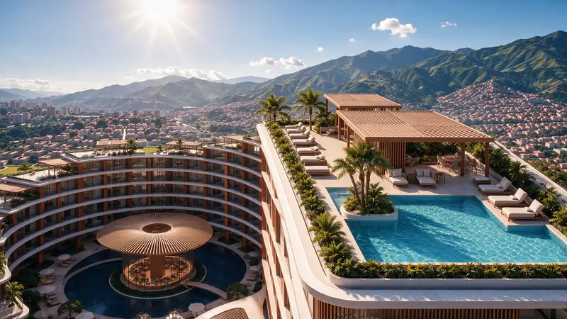 Piscina de borda infinita no terraço superior em manhã de sol, com espreguiçadeiras brancas, palmeiras em canteiro e um pergolado de madeira, tendo abaixo o pátio curvo do resort e a cidade espalhada no vale.