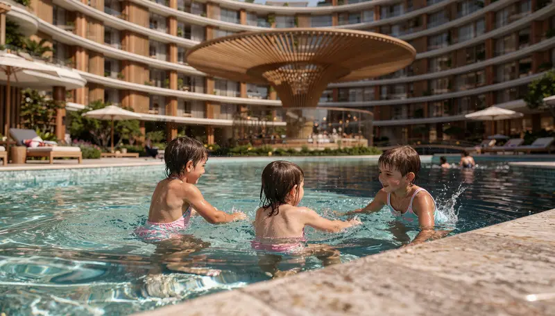 Três crianças brincando na parte rasa da piscina em tarde de sol, vistas de costas na altura da água, com a borda de pedra clara em primeiro plano e a cobertura de ripas de madeira e as varandas curvas atrás.
