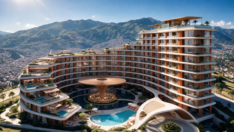 Vista aérea em três quartos do edifício em curva sob céu azul, com as lajes brancas e os brises de madeira desenhando faixas horizontais, piscinas nos terraços escalonados e a serra verde atrás.