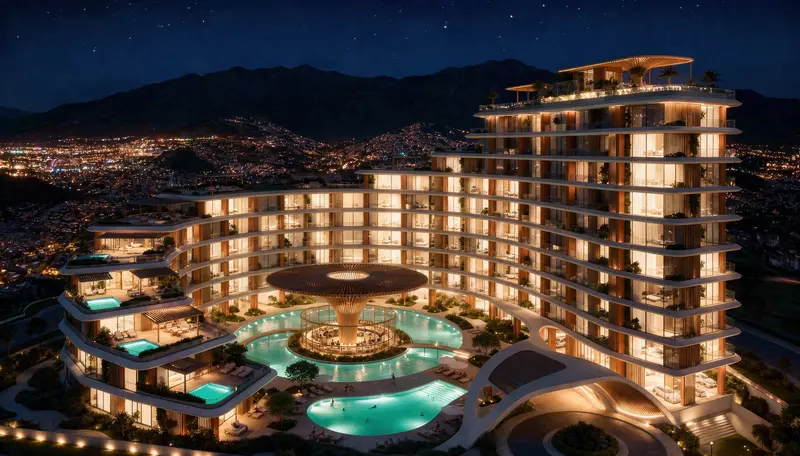 O conjunto curvo visto do alto em noite estrelada, com todas as varandas acesas em luz quente, piscinas iluminadas em verde-água nos terraços e as luzes da cidade espalhadas pelo vale ao fundo.