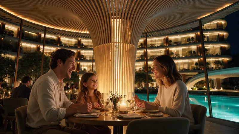 Família jantando à noite em mesa redonda sob o forro de ripas de madeira iluminado por dentro, com taças e velas na mesa e, pelo vidro curvo, as varandas acesas do resort refletidas na piscina.